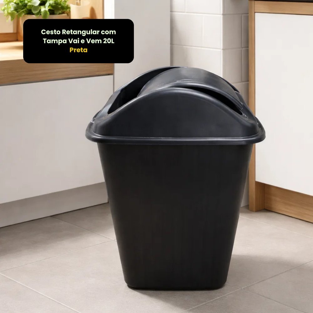 Cesto Lixo 20L Retangular Tampa Vai e Vem Preto Cozinha Banheiro Resistente Moderno