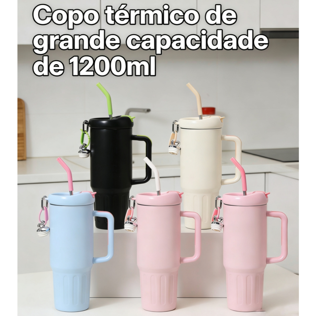 Caneca Copo Térmico 1200ml com Tampa e Canudo Garrafa Térmica Inoxidável Portátil O5