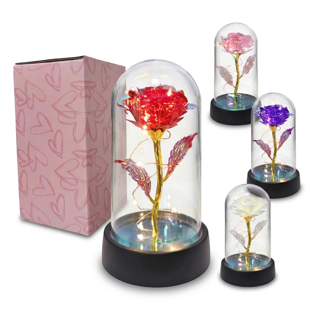 Presente Rosa Encantada com Iluminação LED – Rosa Eterna em Terrário, Presente Perfeito para o Dia das Mães em Oferta na Shopee