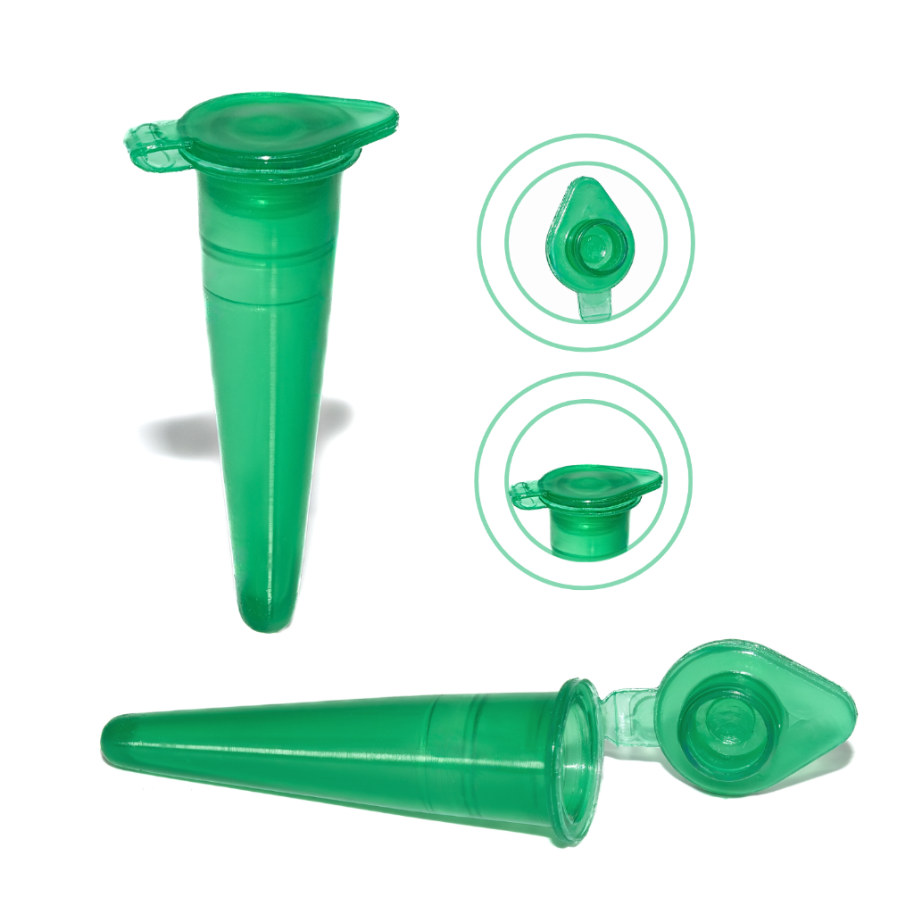 Microtubo Fundo Cônico Pino 0,38 ml Interno 0,5 Externo Verde com 1000 unidades cada.