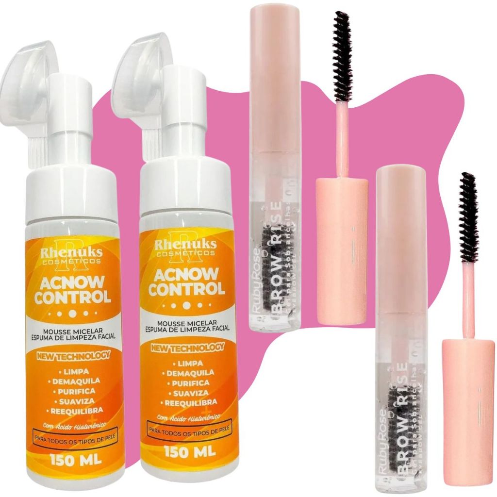 Kit Cuidados: Mousse Micelar Limpeza Facial Acnow + Gel Sobrancelhas Brow Rise Ruby Rose
