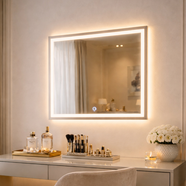 Espelho Quadrado Jateado 80x80cm 3 Cores LED Touch Premium Decorativo