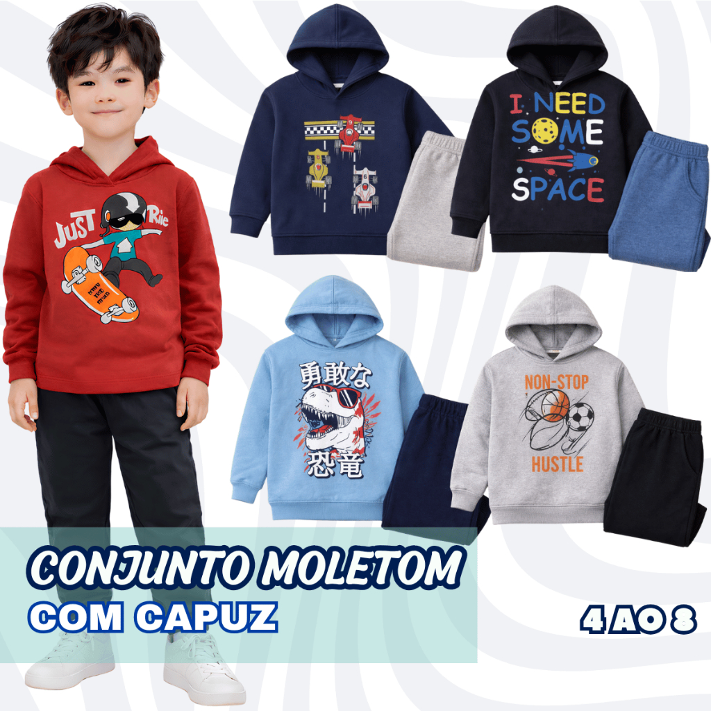Conjunto Capuz Moletom Tam 4 ao 8 Inverno Masculino Confortável Estampados Gatinho Escola Macio Frio