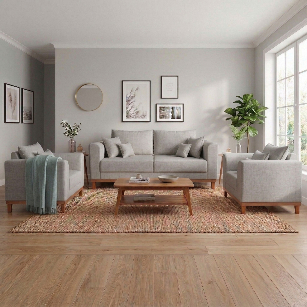 Kit Sofá 3 Lugares e Poltronas Sala de Estar Beny Linho Cinza Madeira Estofados em Oferta na Shopee