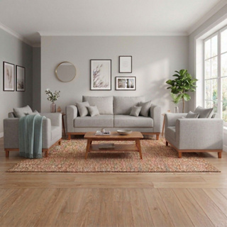 Kit Sofá 3 Lugares e Poltronas Sala de Estar Beny Linho Cinza Madeira Estofados em Oferta na Shopee