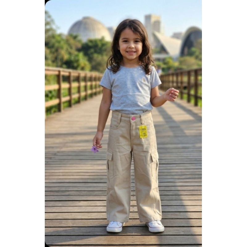 Calça Jeans Wide Leg Infantil Cargo Colorida Menina Cintura Ajustável Confortável Moda Kids em Oferta na Shopee