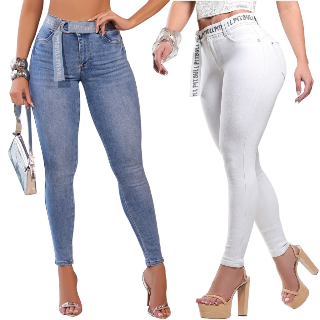 Calça Feminina Pit Bull Jeans Original Com Cinto Modeladora Bojo Removível em Oferta na Shopee