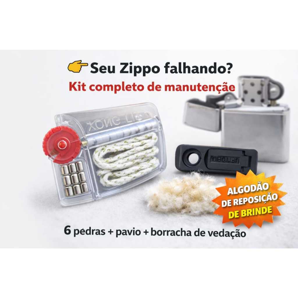Kit Reparo Isqueiro Tipo Zippo 6 Pedras + Pavio + Borracha Vedação + Algodão Brinde