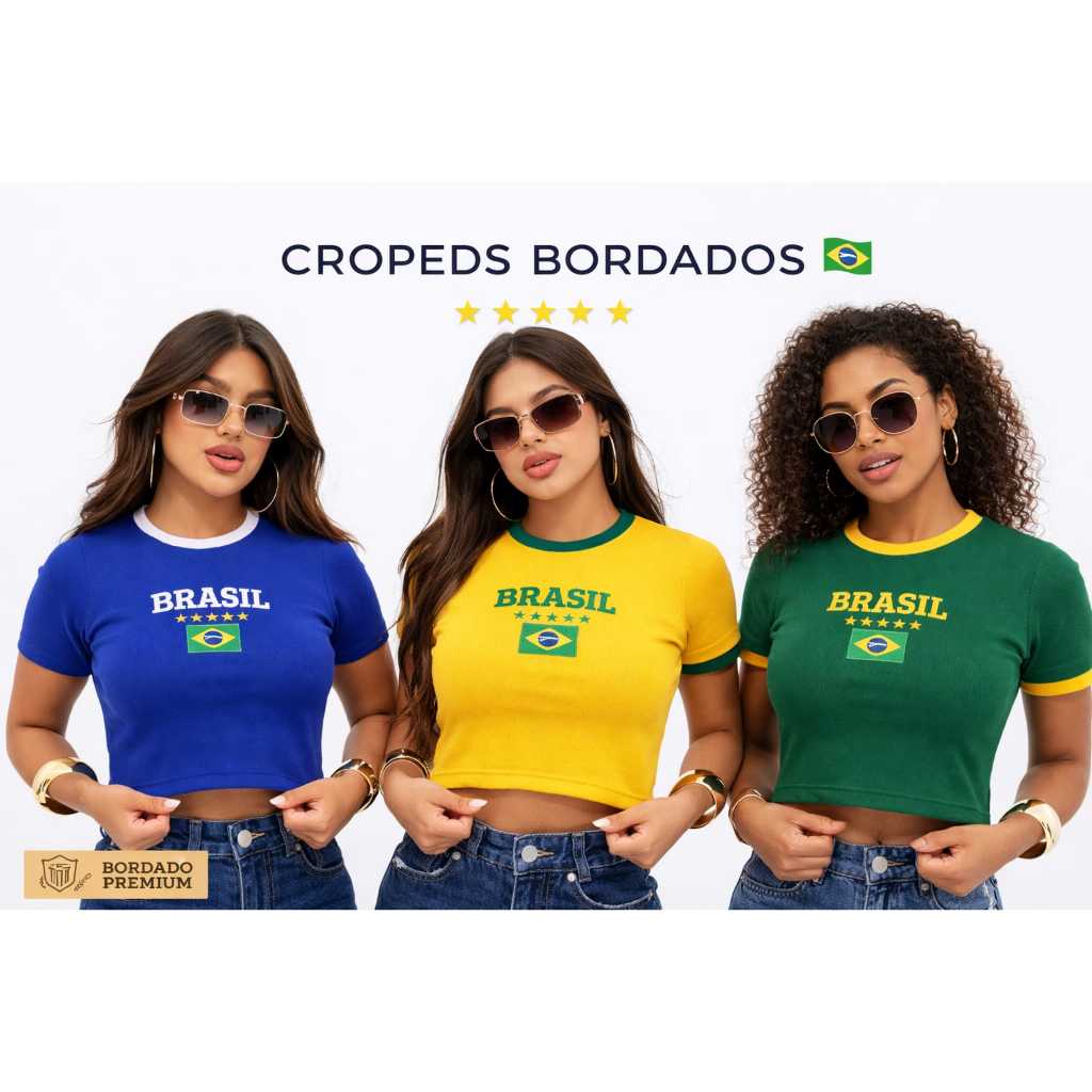 Cropped Brasil Feminino Ribana Canelada Bordado Premium Tendência 2026 Copa do Mundo Envio Rápido