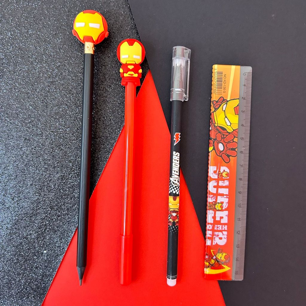 Kit 5 itens Papelaria Kawaii Homem de Ferro I Papelaria Criativa Super Heróis caneta que apaga - régua - borracha