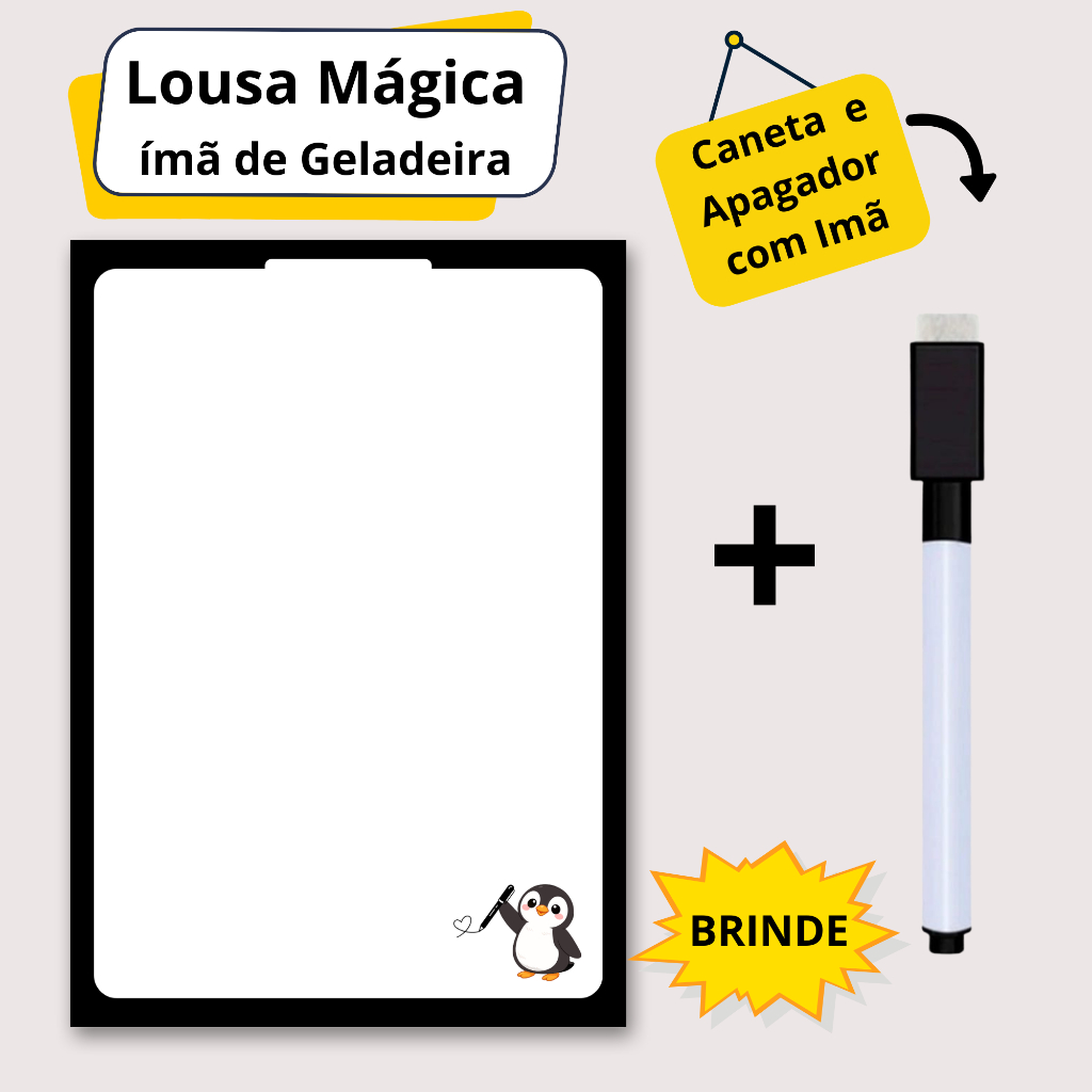 Lousa Mágica Magnética Imã de Geladeira Anotações Lembretes Recados + Caneta Quadro Branco com Apagador e Imã Papelaria