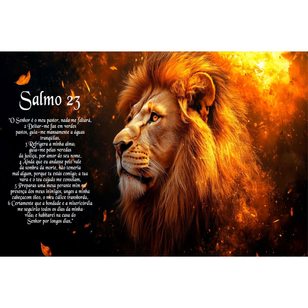 Quadro Decorativo Leão de Judá Religioso Salmo 23 Leão Fogo Brilhante Luxo