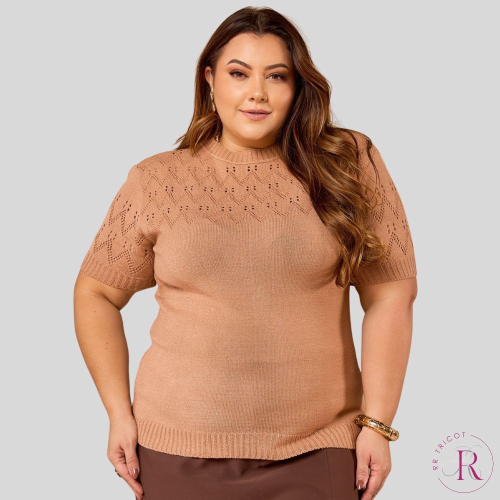 Blusa Feminina Plus Size Tricô Manga Curta Elegante Confortável Tendência