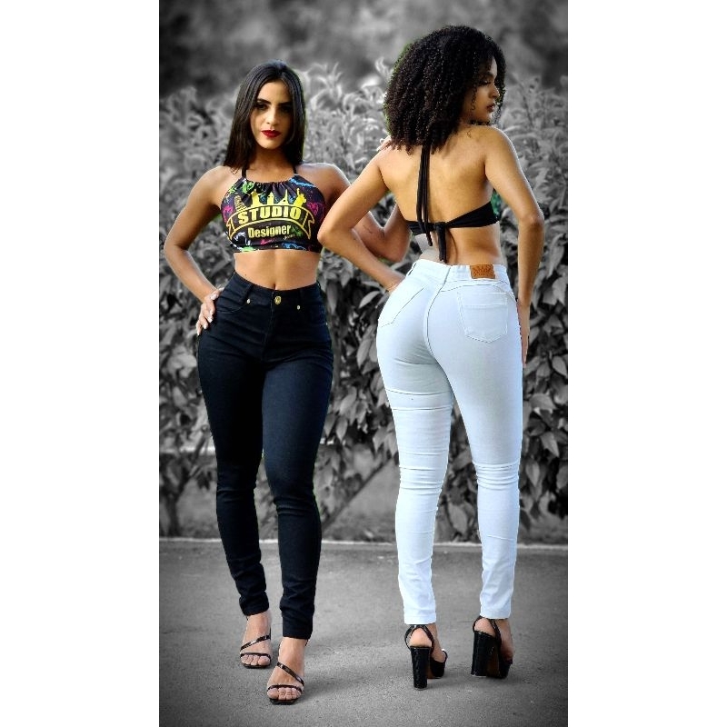 calca fem preta branca studio jeans hot pant color empina bum bum  premium skinny
