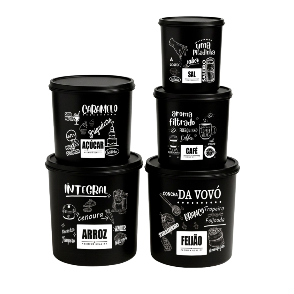Kit 5 Potes de Mantimentos Plástico Preto PB Frases