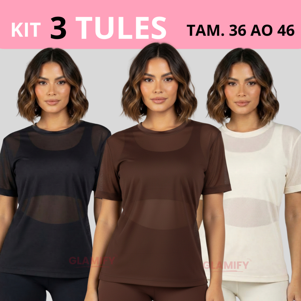 Kit 3 Blusa Tule Feminina Transparente de Academia Manga Curta Camisão Fitness Camiseta Treino Crossfit