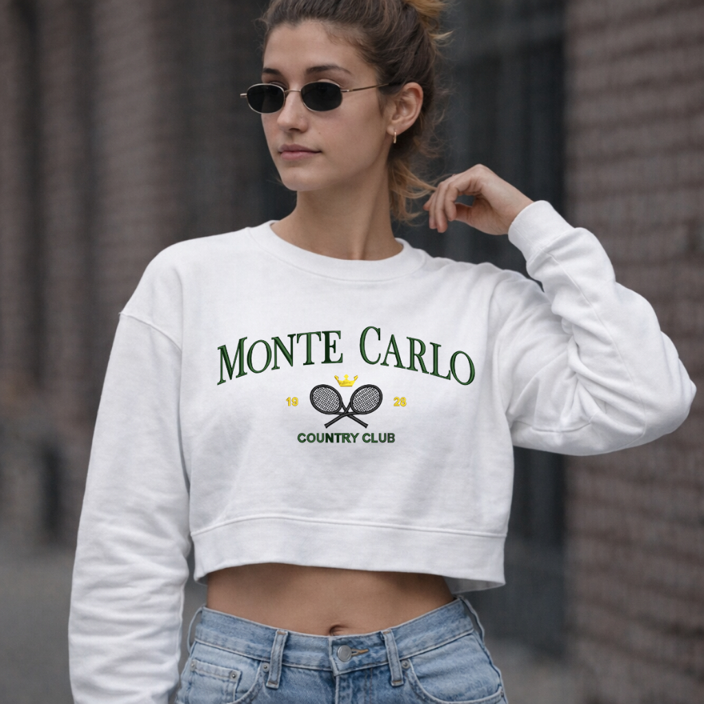 Cropped Moletom Monte Carlo Country Club Minimalista Estiloso Tumblr Blogueira Moda Modinha Estampado Várias Cores