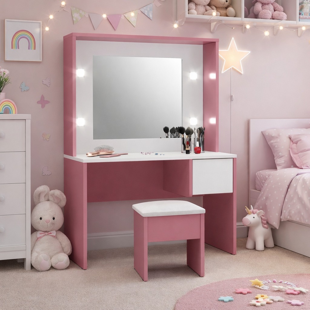 Penteadeira Diana Infantil 1 Gaveta LED Banco com almofada em Corino Cores
