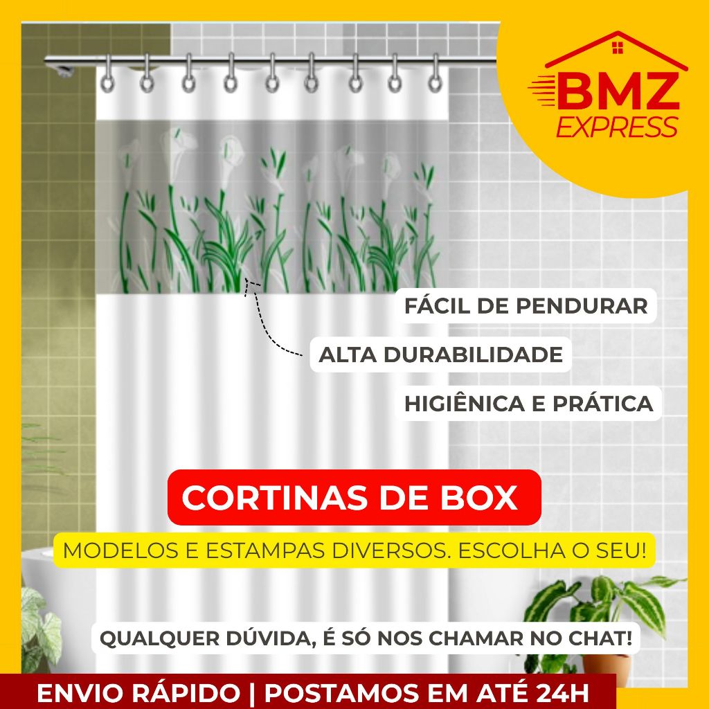 Cortina Box Banheiro ANTIMOFO com visor estampas sortidas em PVC com ganchos