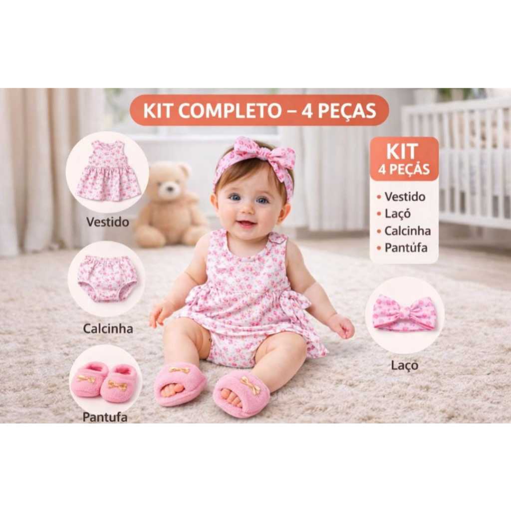 Kit Vestido Bebê Menina + Calcinha + Laço + Pantufa Pelúcia Conjunto Infantil Feminino 3 a 6 Meses Look Fofo e Casual