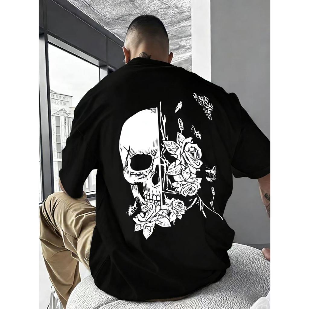 Camiseta masculina de verão oversized 100% algodão, estampa de caveira e grafite rosa, estilo hip-hop, envio imediato