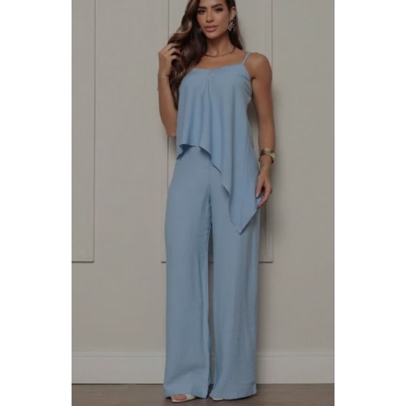 Conjunto Calça pantalona  e Blusa Assimétrica  Alcinha  Tecido  Duna Pantalona Estiloso Confortável