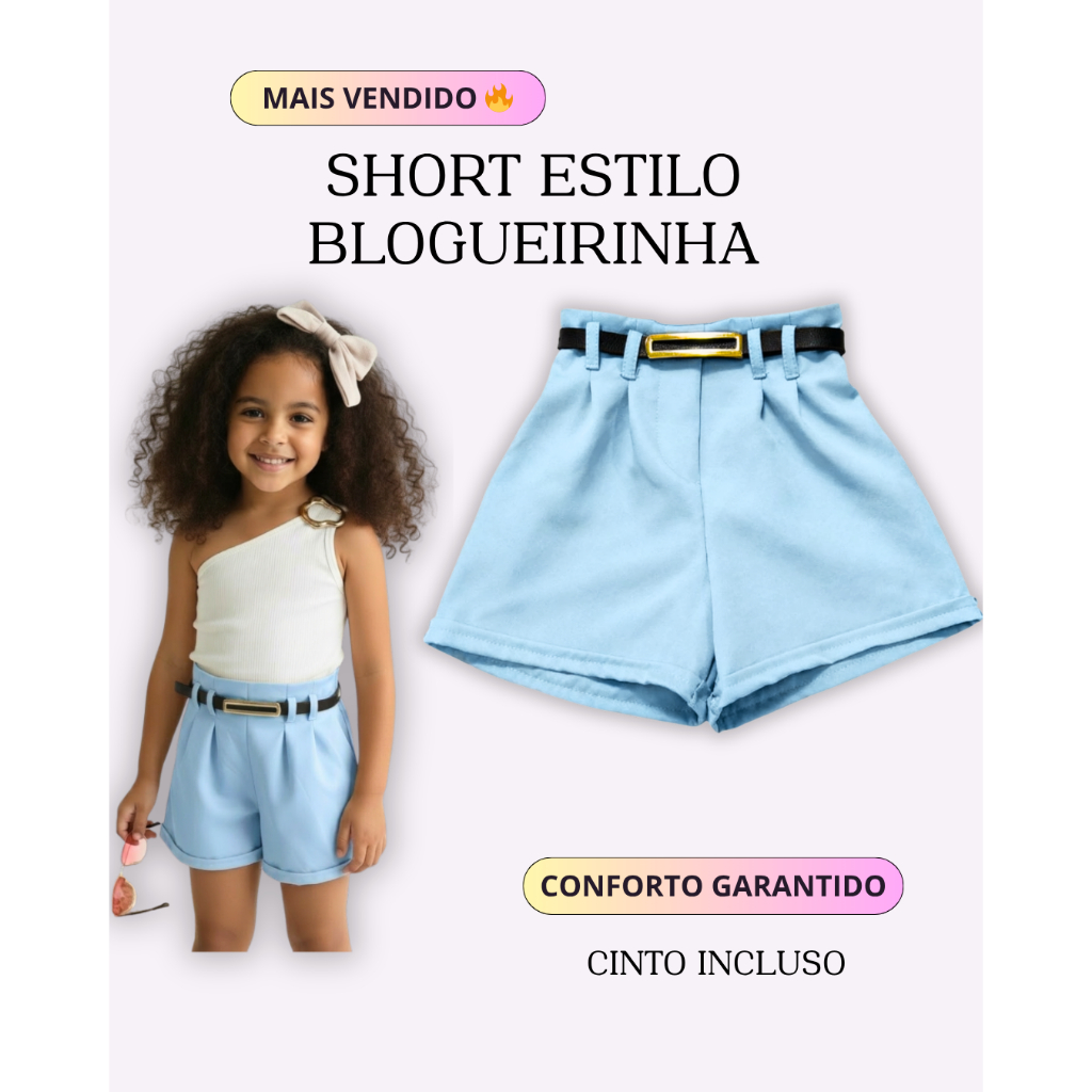 Short Alfaiataria Infantil Menina | Look Estiloso Moderno com Cinto Tamanho 4 ao 16