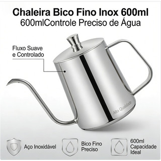 Bule Inox Bico Fino 600ml | Chaleira Profissional para Café, Leiteira Aço Inoxidáve