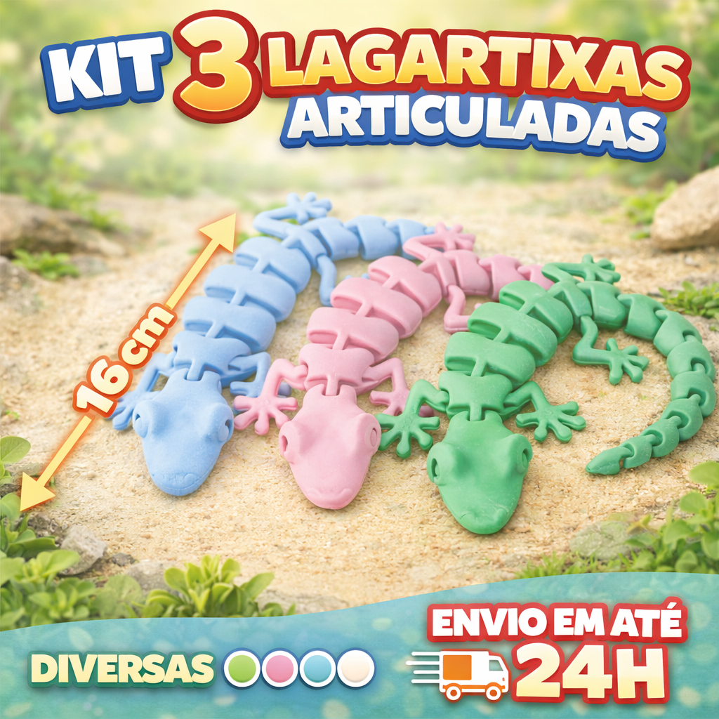 Kit 3 Lagartixas Articuladas 16cm -Festa Halloween- Brinquedo Fidget Toy para Crianças e Adultos
