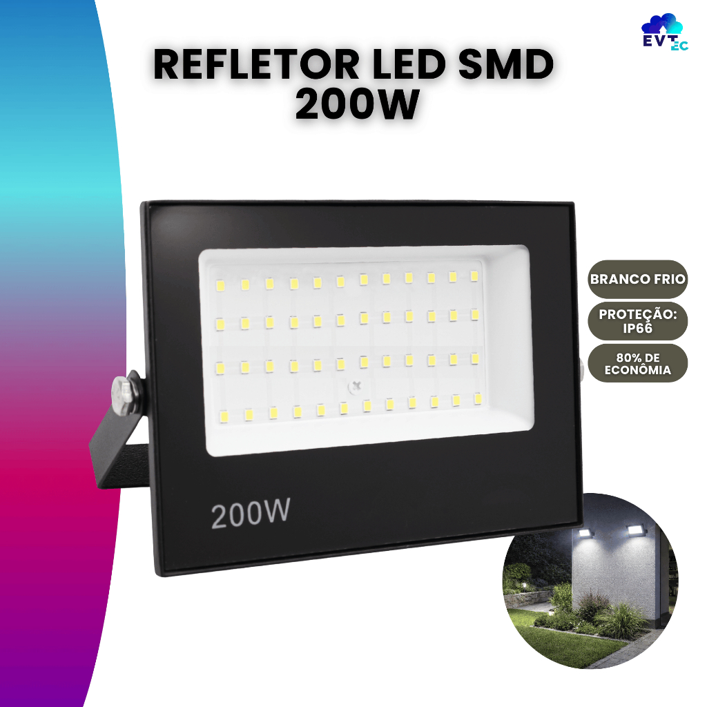 Refletor Led Holofote 200w Ip66 Bivolt Forte Luz Branco Frio Prova D'água