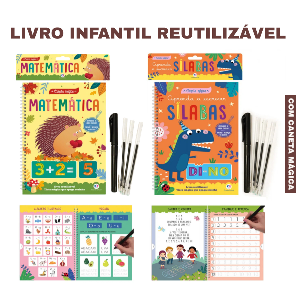 Livro Infantil Reutilizável Copia E Apaga Com Caneta Mágica Aprendizado Educativo para Crianças
