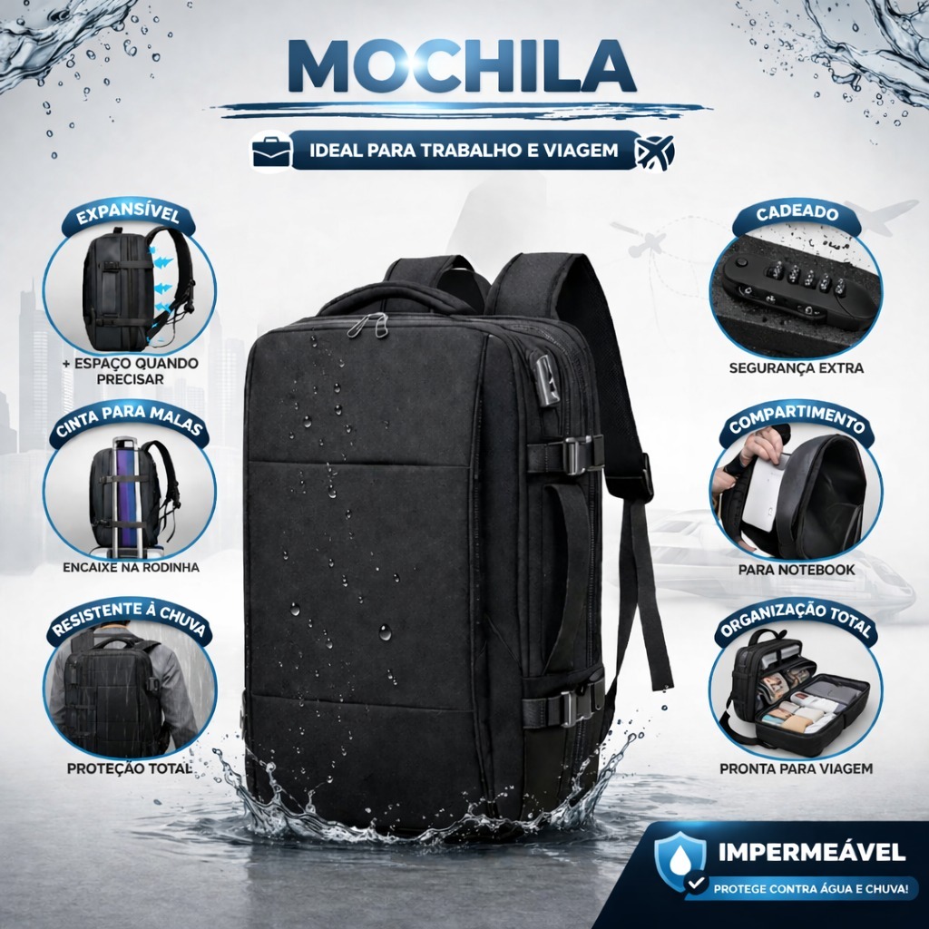 Mochila e Bolsa de Viagem Expansiva Impermeavel Reforcada Notebook Antifurto Senha Grande Capacidade