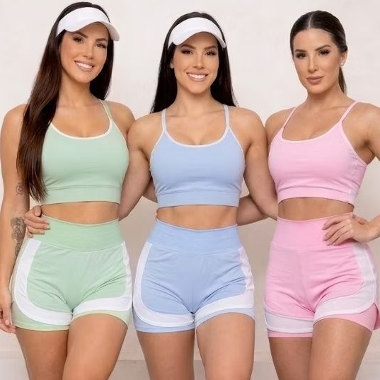 Conjunto Fitness Feminino Short Duplo Academia Cintura Alta Treino Conjunto Moda Fitness
