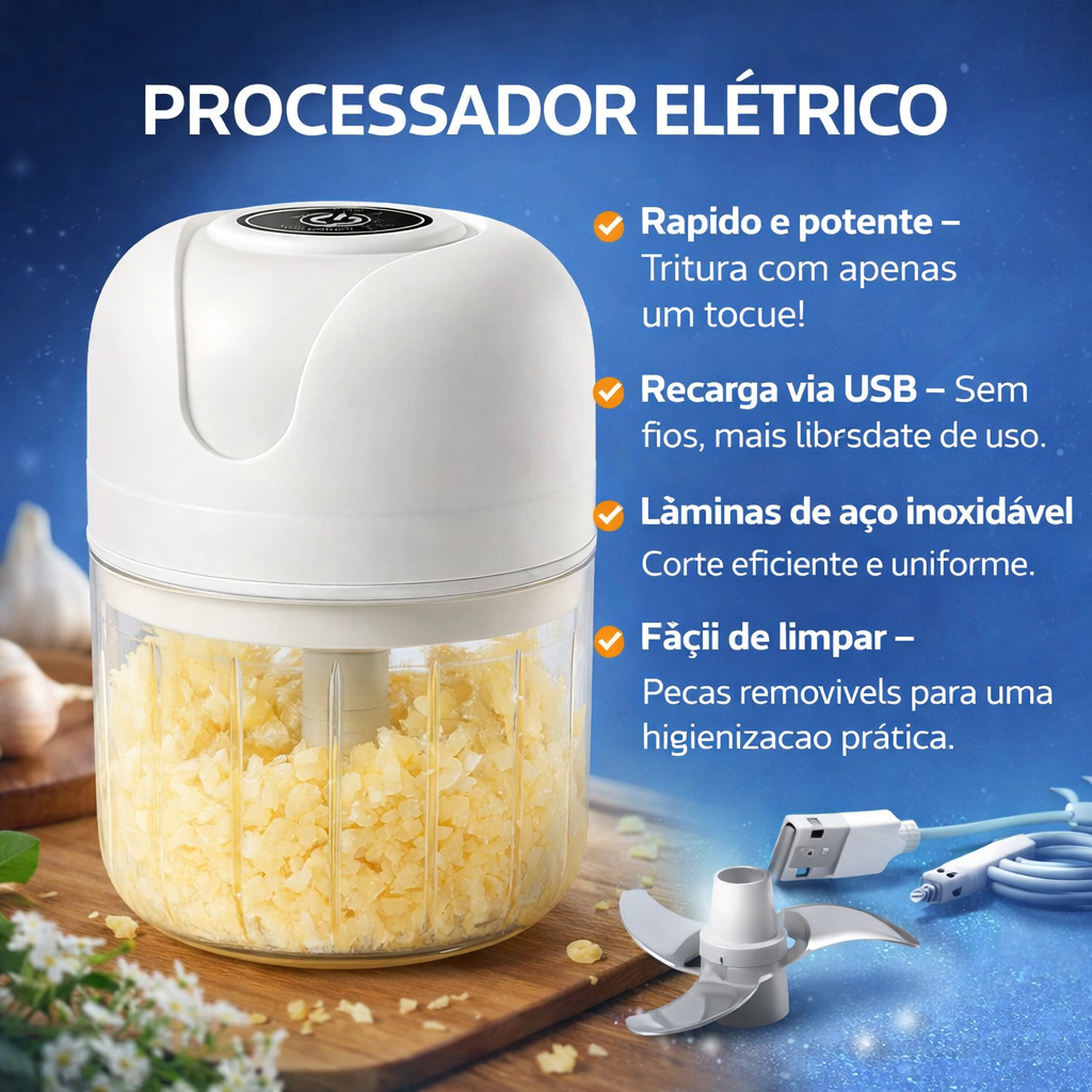 Mini Processador Eletrico USB Recarregavel 3 Laminas Triturador Alho Carne Frutas Legumes Cozinha