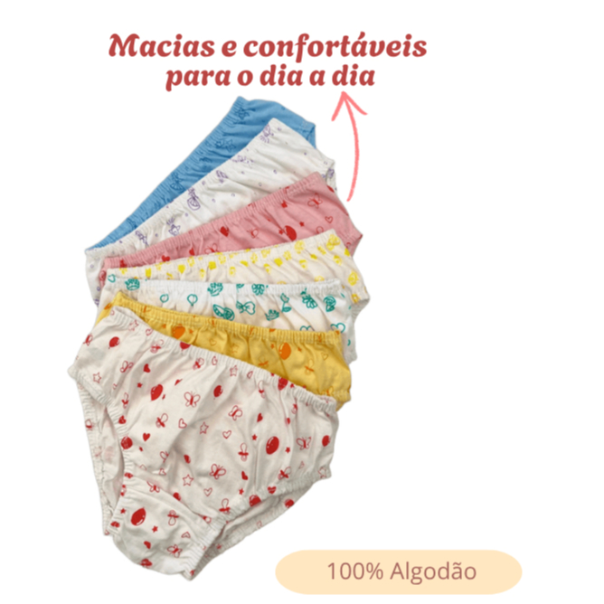 Kit 6 ou 12 Calcinhas Infantil 100% Algodão Menina Confortável Estampadas Cores Sortidas 2 a 12 Anos