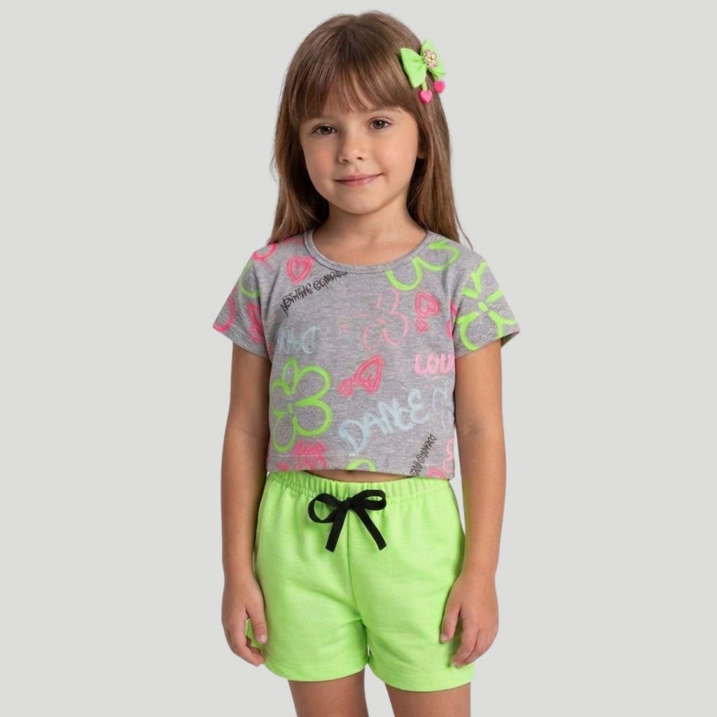 Conjunto Infantil Menina Verão Blusa Cropped Estampada Shorts Neon Roupa Infantil Conforto