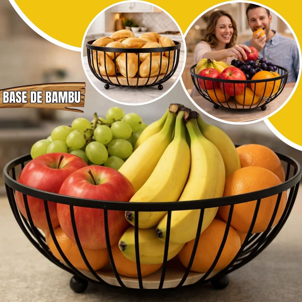 Fruteira de Mesa Aramada Com Base de Bambu Cesto de Frutas Preta Moderna Luxo Redondo Grande para Cozinha e Decoração
