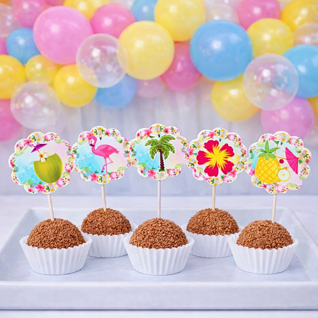 Topper de docinhos ou cupcake TROPICAL FLAMINGO/tags TROPICAL FLAMINGO/ANIVERSÁRIO