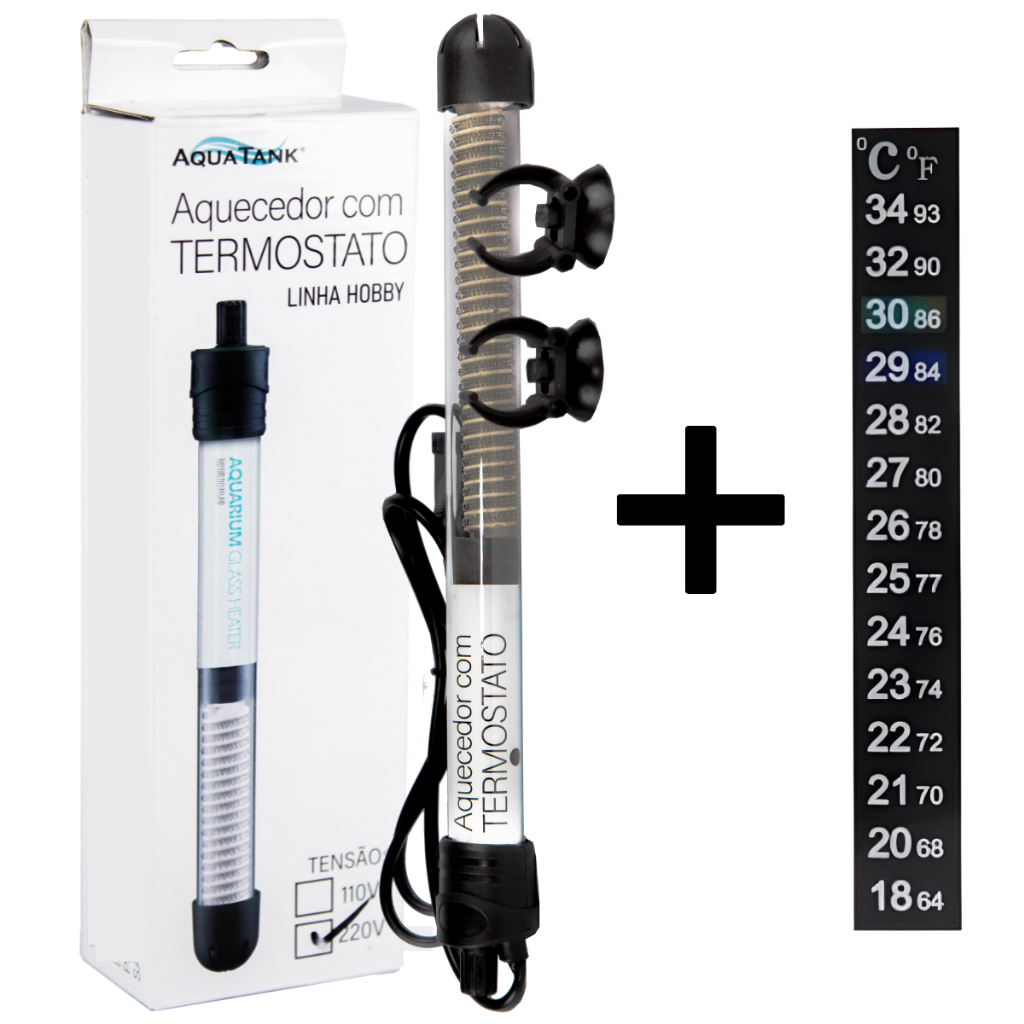Termostato Aquecedor 200w com Termometro para aquarios até 200 Litros Linha Aquatank Hobby