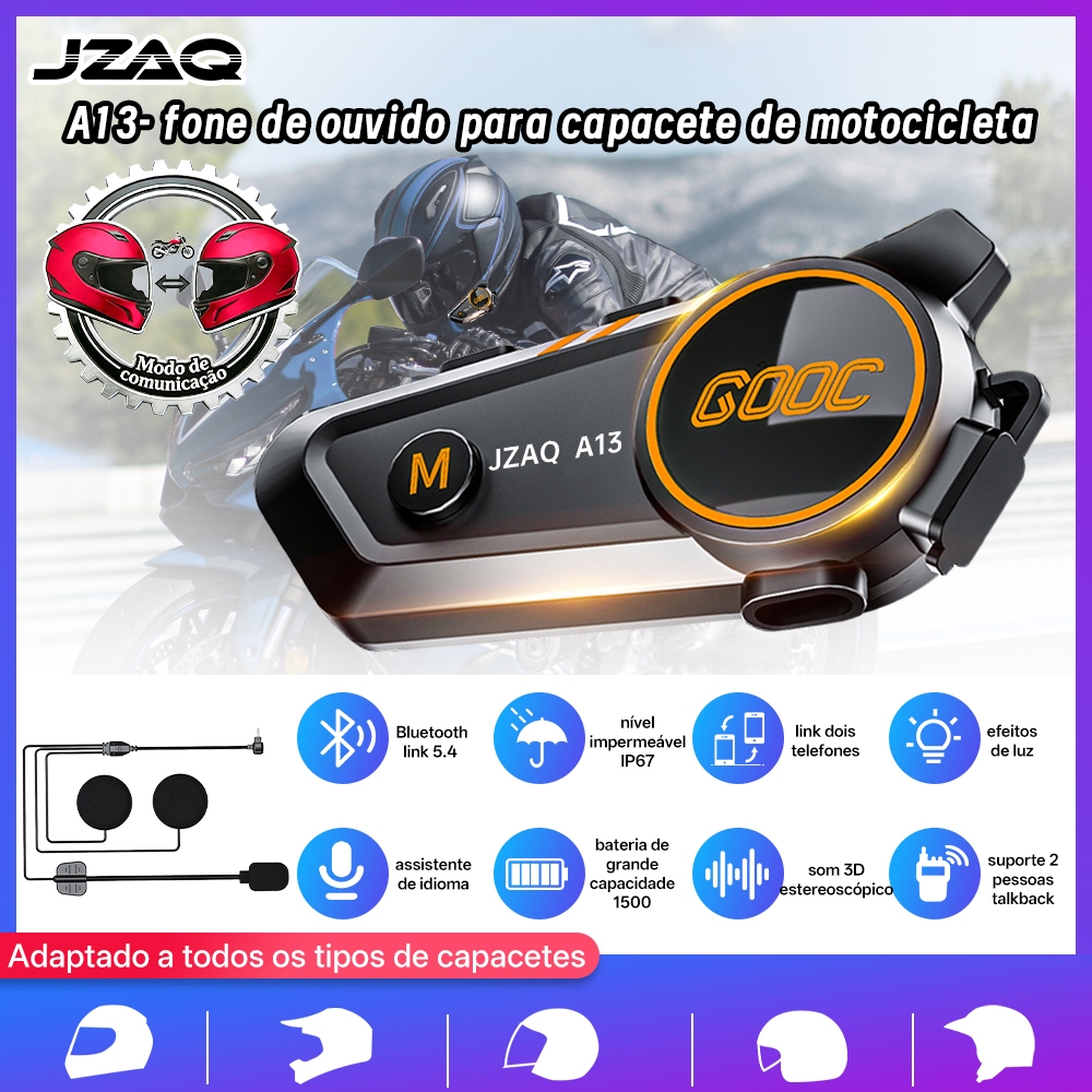 (COD) JZAQ A13 Fone Bluetooth Capacete Moto | Bateria 1500mAh Longa Duração, Intercomunicador, Som Alto Potente