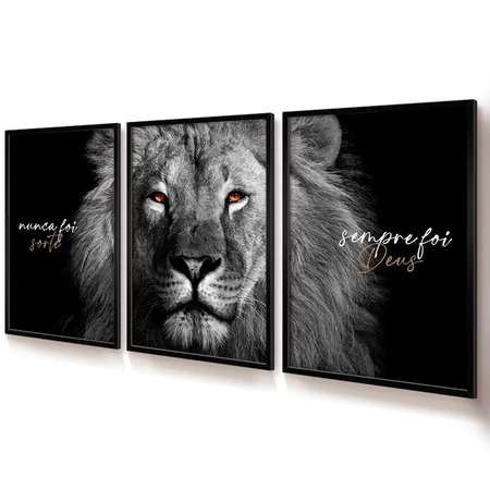 Quadros Decorativos Trio Sala Quarto Leão Cinza Grande Nunca Foi Sorte Sempre Foi Deus