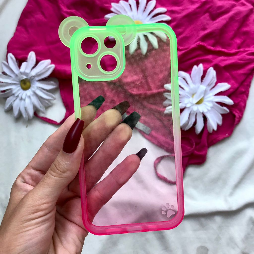 Capa Capinha Phone 13 Degradê Verde e Rosa Neon com orelha Fofa Cat Dog