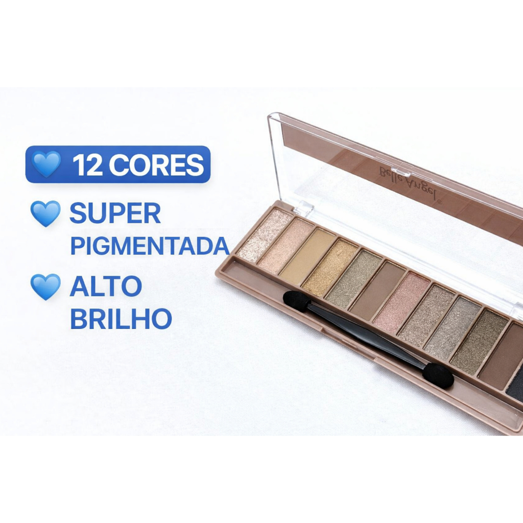 Paleta de Sombras Belle Angel 12 Cores Cintilantes Alta Pigmentação Profissional