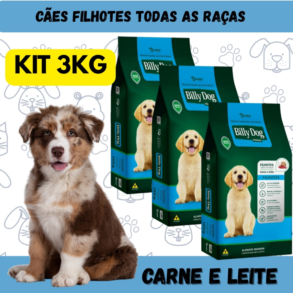 KIT 3 Ração Billy Dog Filhotes Todas as Raças Carne e Leite