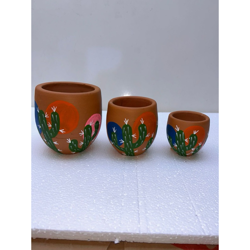Kit 3 Vasos de Barro Decorados Cactos - Vaso de Planta Cerâmica Artesanal Pintado à Mão