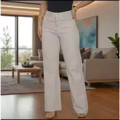 Calça Wide Leg Feminina Sarja Areia Cintura Alta Pantalona Tendência Casual Elegante Blogueira Premium Confortável Luxo
