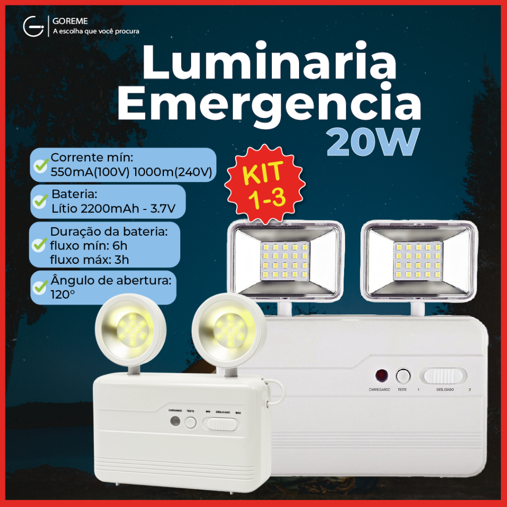 Luminária de Emergência Led Lite ou Pro 20W com 2 Farol Luz Branco Frio