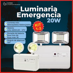 Luminária de Emergência Led Lite ou Pro 20W com 2 Farol Luz Branco Frio