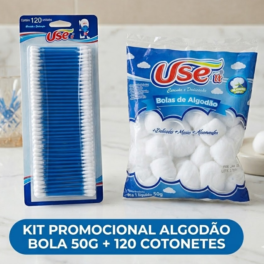 Kit Algodão Bola 50g + Cotonetes Hastes Flexíveis 120 Unidades Use It