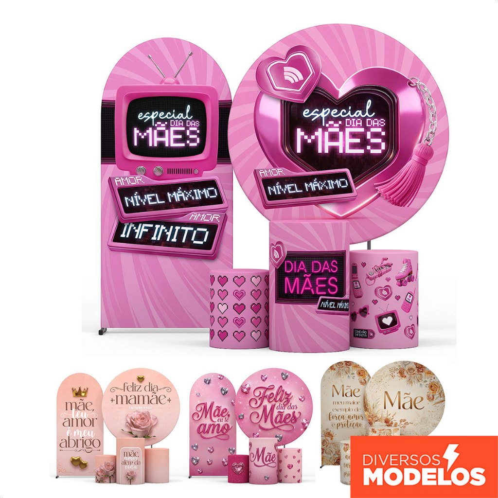 Kit Cilindro e Painel Romano + Painel Redondo Decorativo Dia das Mães Festa Sublimado Em Tecido Veste Fácil